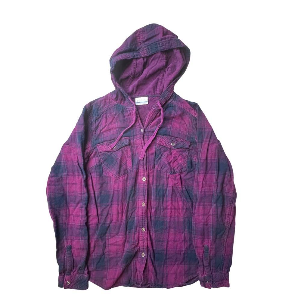 Columbia Shirt Womens S Purple Plaid Hooded Flannel Button Up Roll Tab Sleeve